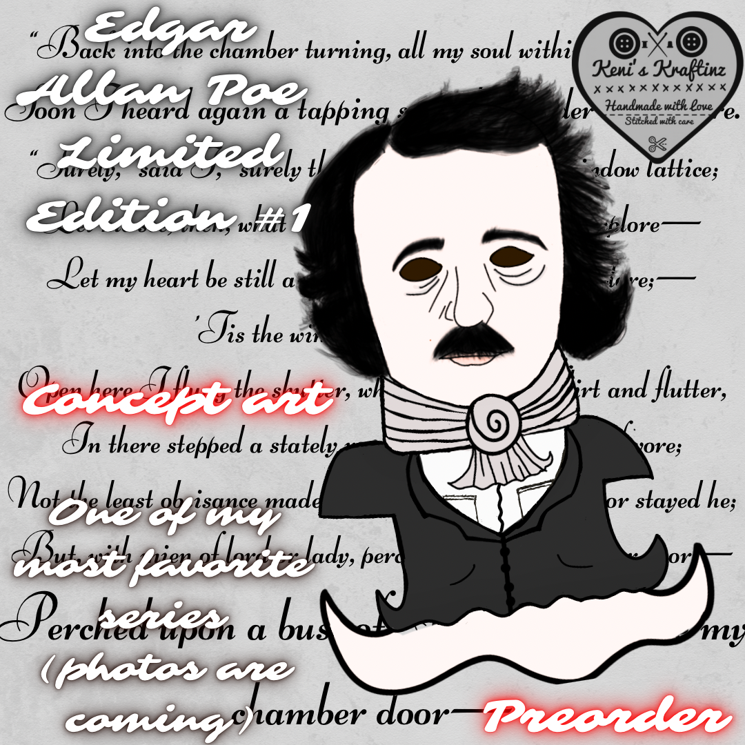 Light grey background, with Edgar Allan Poe's The Black Cat written on the background behind a drawn design of Edgar Allan Poe depicted as a Ghost! Concept art for the intent to preorder this Ghosty & steam line it's materialization!