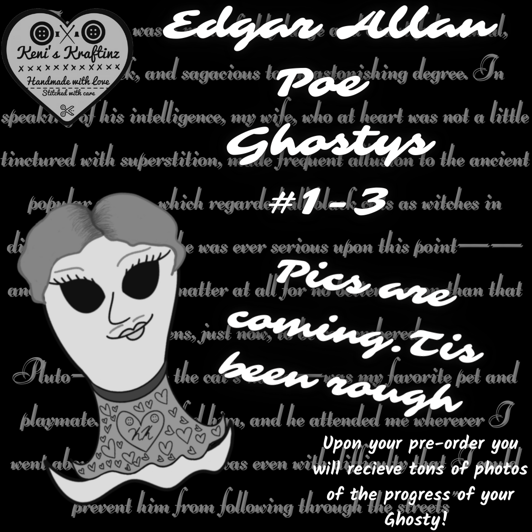 Black background, with The Black Cat by Edgar Allan Poe written in grey, scrawled "Edgar Allan Poe Ghostys Numbers one through three. Pics are coming. tis been rough. upon your pre-order you will receive tons of photos of the progress of your Ghosty!" with a cartoon ghost of the artist Keni, in black & white.