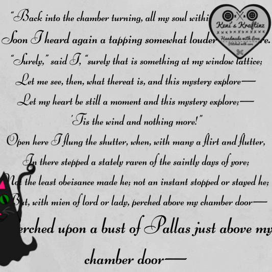 Light grey background, with Edgar Allan Poe's The Raven is written behind wiggling & disappearing & reappearing designs of Edgar Allan Poe, A raven, & a Black cat all as Ghosts. For the intent to preorder your Ghosty!