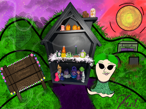 A cartoony spooky world with a haunted house frame, holding a few varieties of handmade, glow-in-the-dark, ghost sculptures!